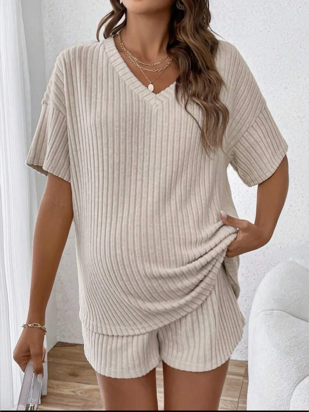 XL maternity beige SHEIN Casual/ comfortable Adjustable Waist V-Neck Short set